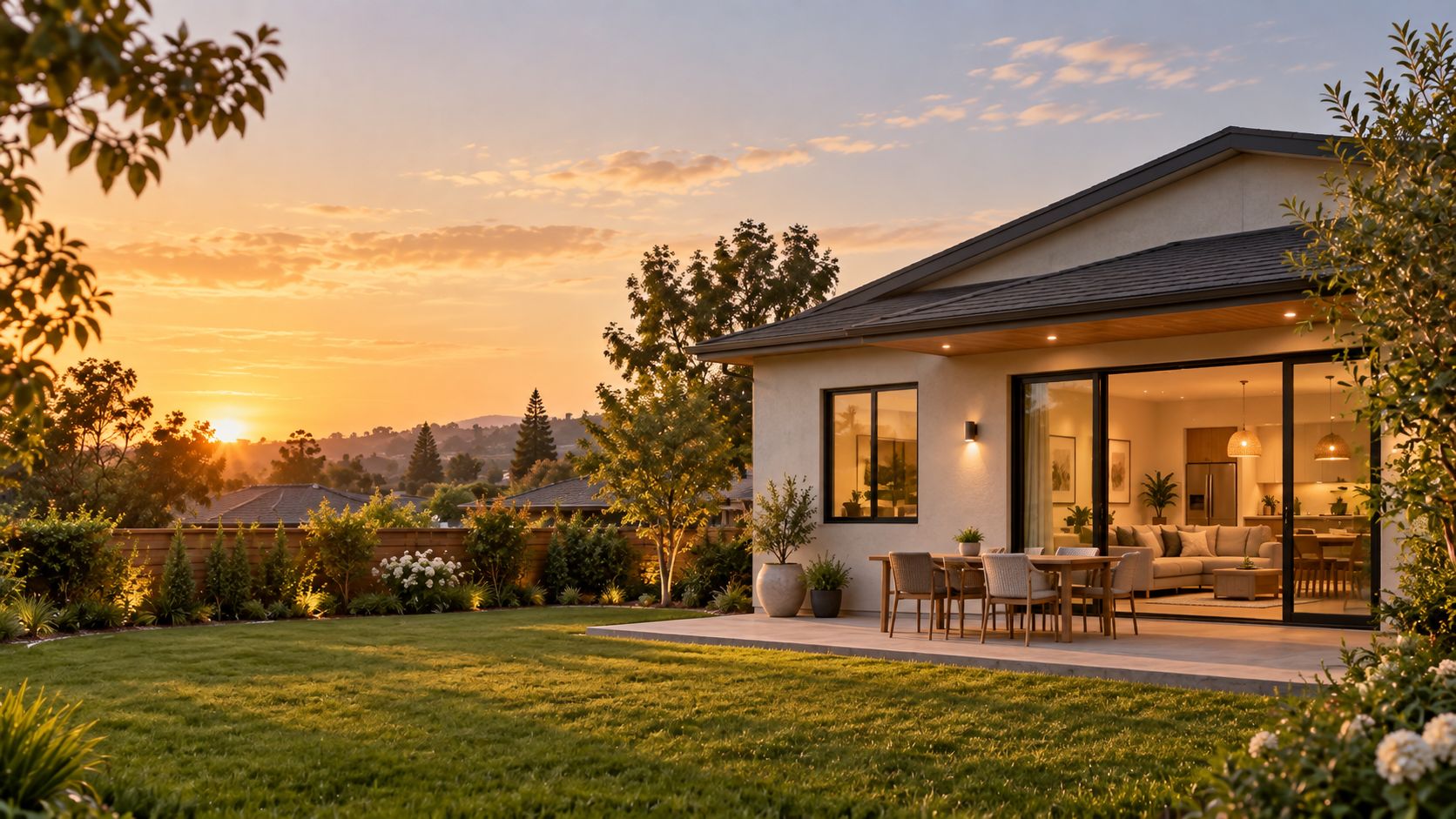 A single-storey home at sunset with its glass doors open onto a terrace and lawn.