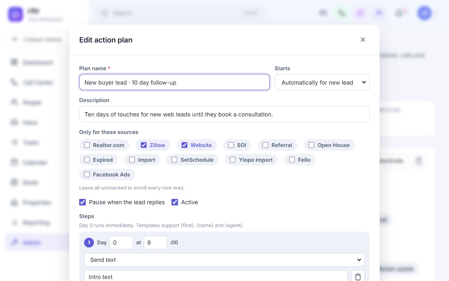 The Edit action plan dialog: plan name, automatic start for new leads, source checkboxes, pause on reply and the step list.