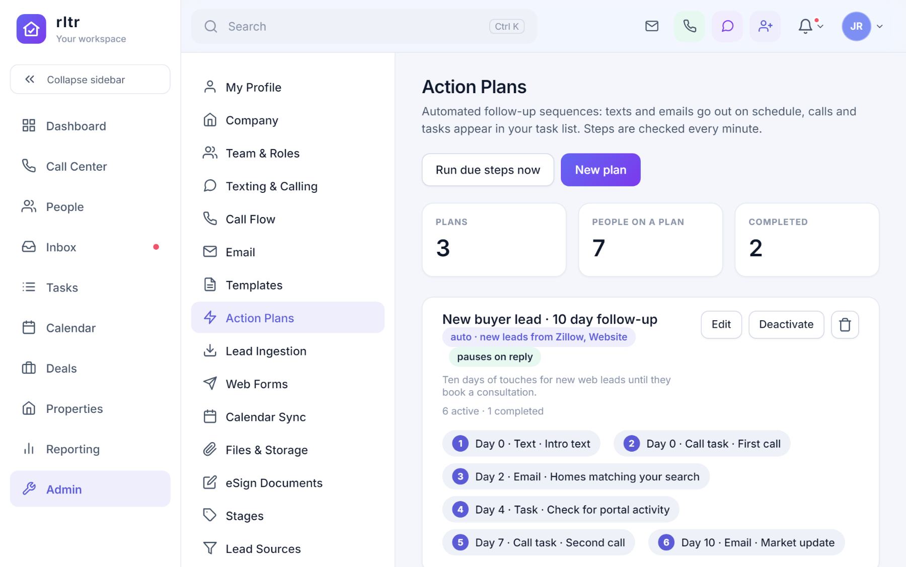 The Action Plans page with tiles for plans, people on a plan and completed, a plan card with its steps as chips and the currently enrolled table.