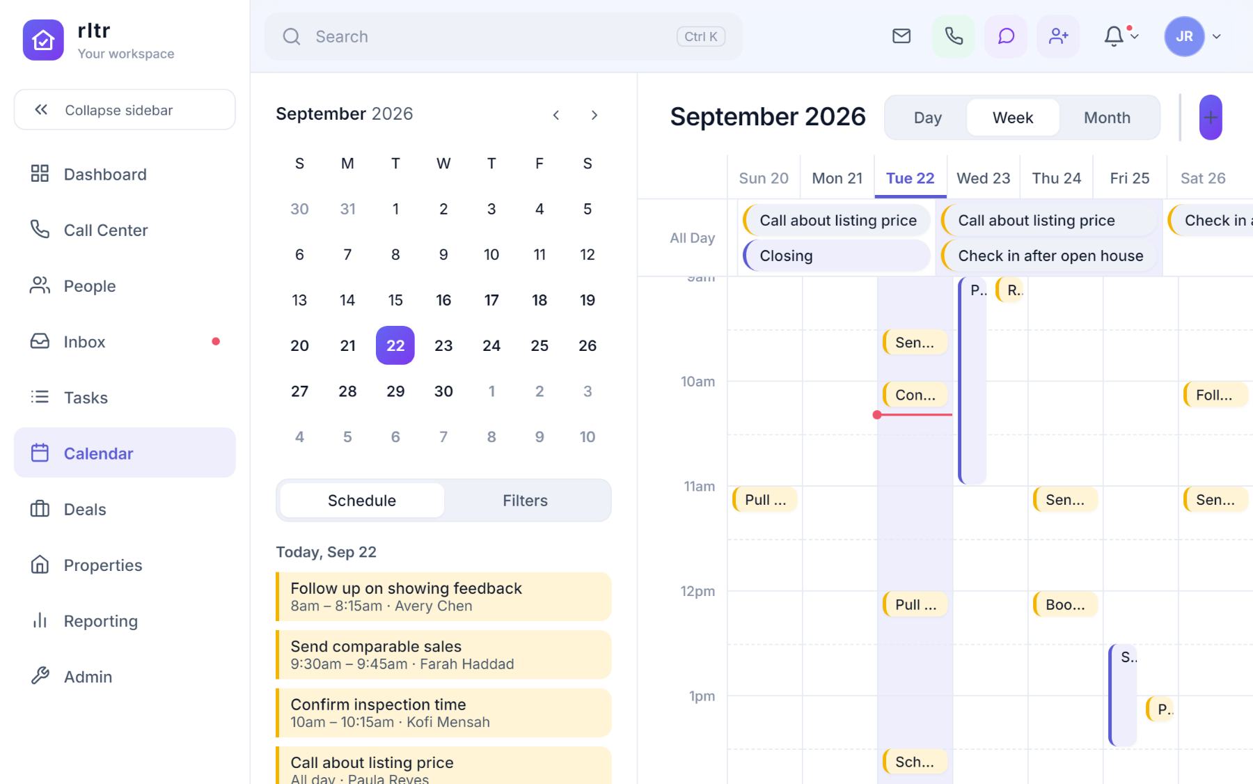 The week view of the calendar with appointments and tasks on the grid and a schedule sidebar for today.