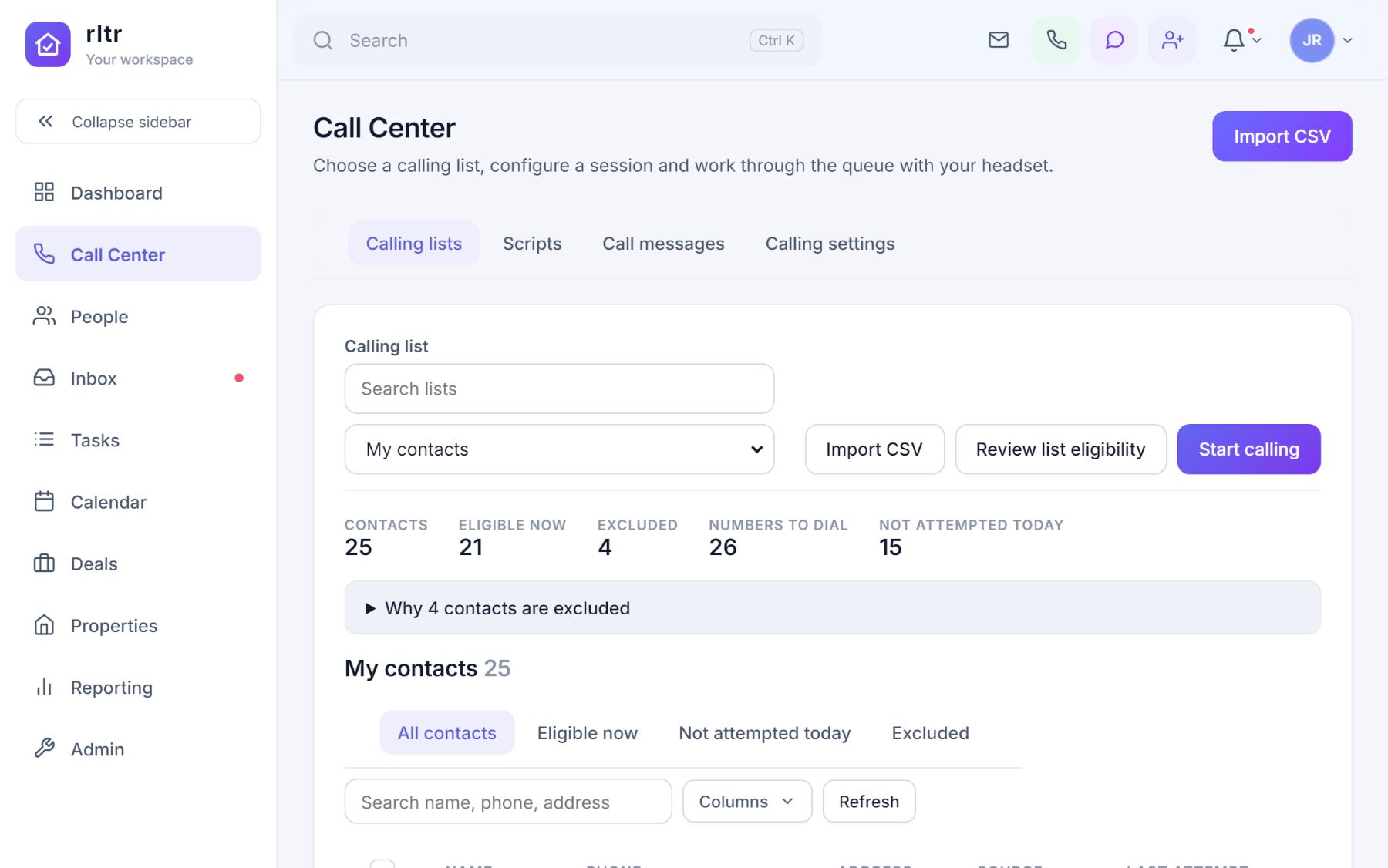 The Call Center with a calling list selected, counts for contacts, eligible now, excluded and not attempted today, and the contact table with attempts and last outcome.