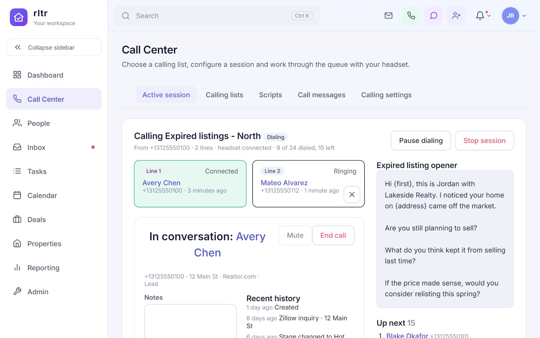 An active calling session: line 1 connected to a contact, line 2 ringing, the conversation panel with mute and end call, and the script beside it.