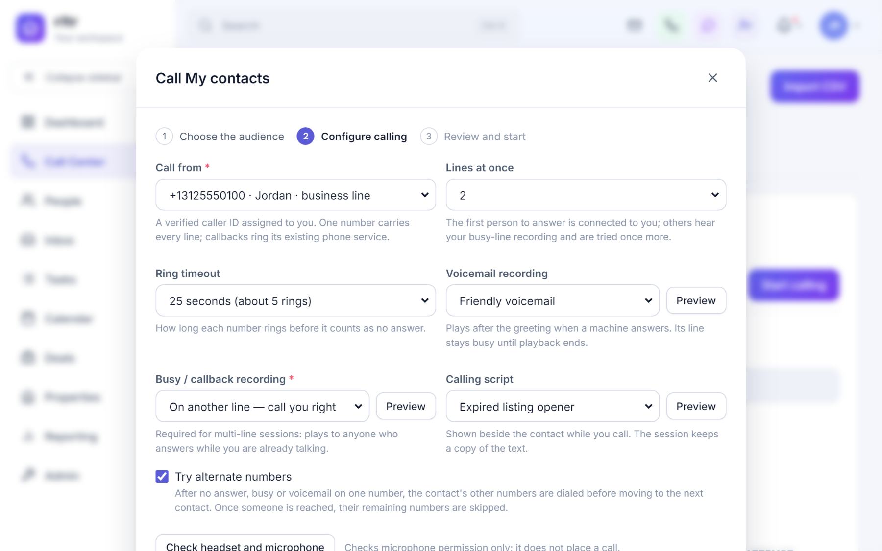 Step two of the Call Wizard: caller ID, lines at once, ring timeout, voicemail and busy recordings, calling script and the alternate numbers option.