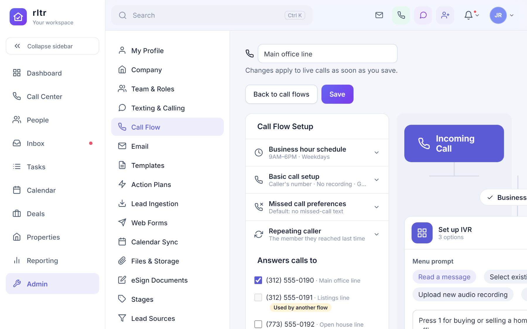 The call flow editor: setup rail with business hours, basic call setup, missed call preferences and repeating caller, the numbers the flow answers, and the Incoming Call canvas.