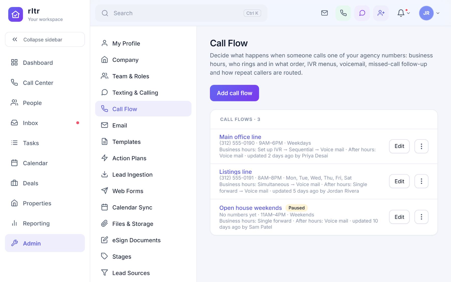 The Call Flow list with three flows, their numbers, hours and a summary of the business-hours and after-hours branches.