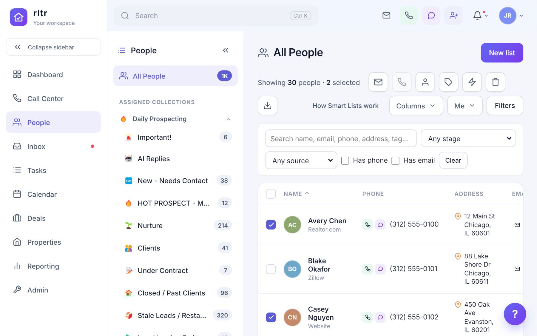 The People table with the filter bar open and two contacts selected, bulk action icons enabled above the table.
