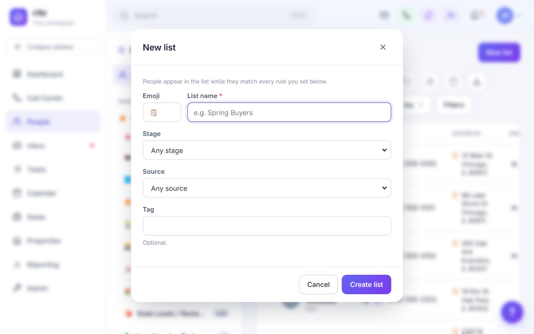 The New list dialog with emoji, list name, stage, source and tag rules.