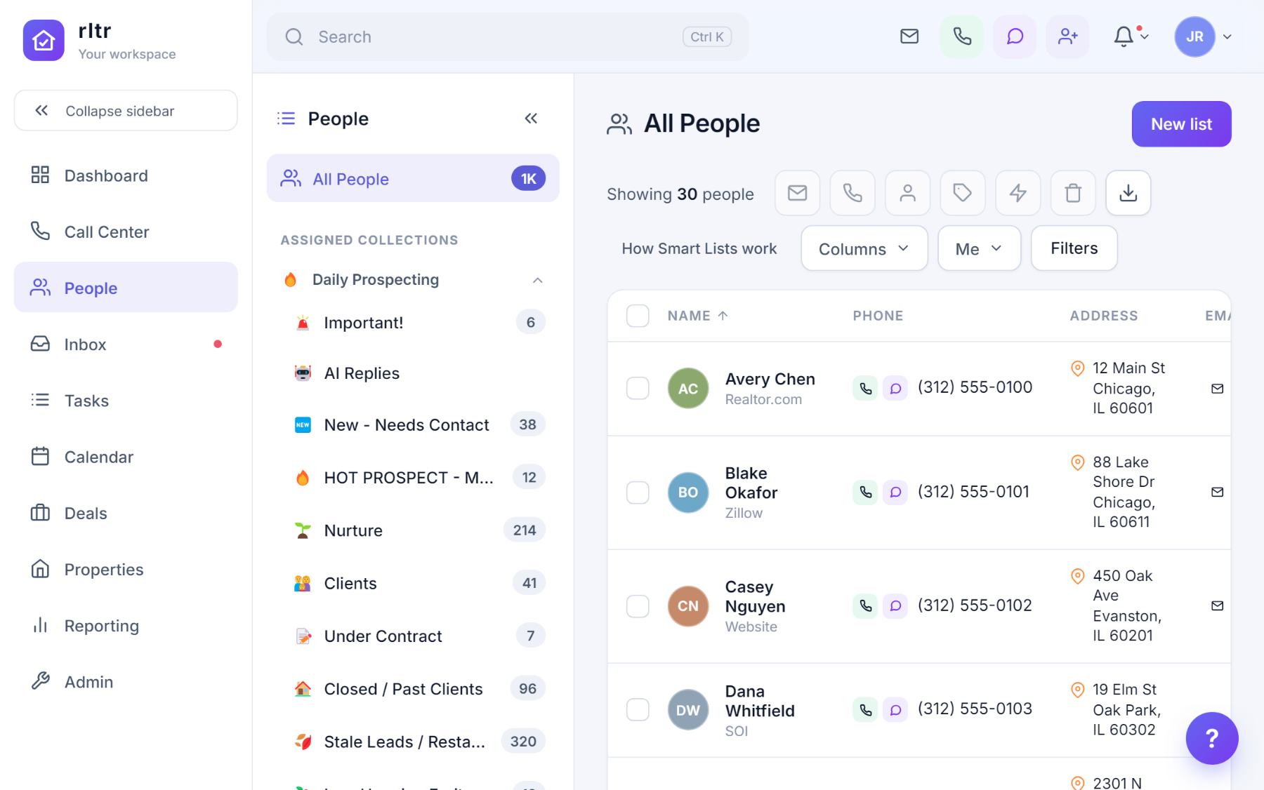 The People screen: smart lists on the left with live counts, and a table of contacts with phone, address, email, price and last activity.