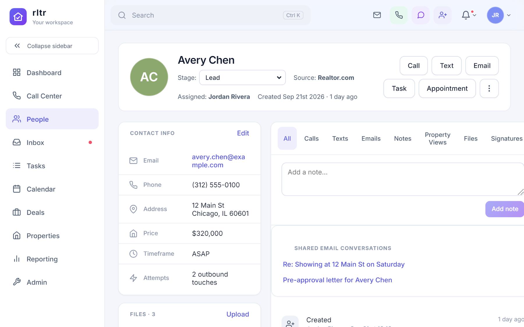A contact record with the stage selector, contact info card, timeline of calls, emails and notes, and cards for tasks, appointments and deals.