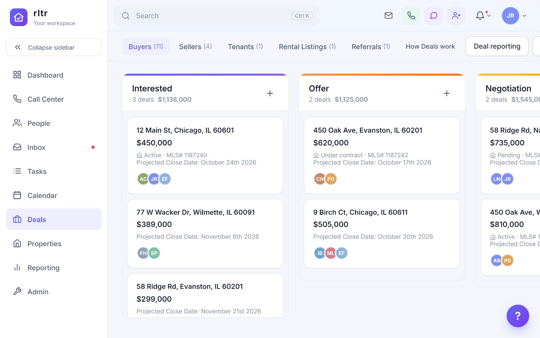 The Buyers pipeline board with Interested, Offer and Negotiation columns, deal cards showing address, price, property status, MLS number and projected close date.
