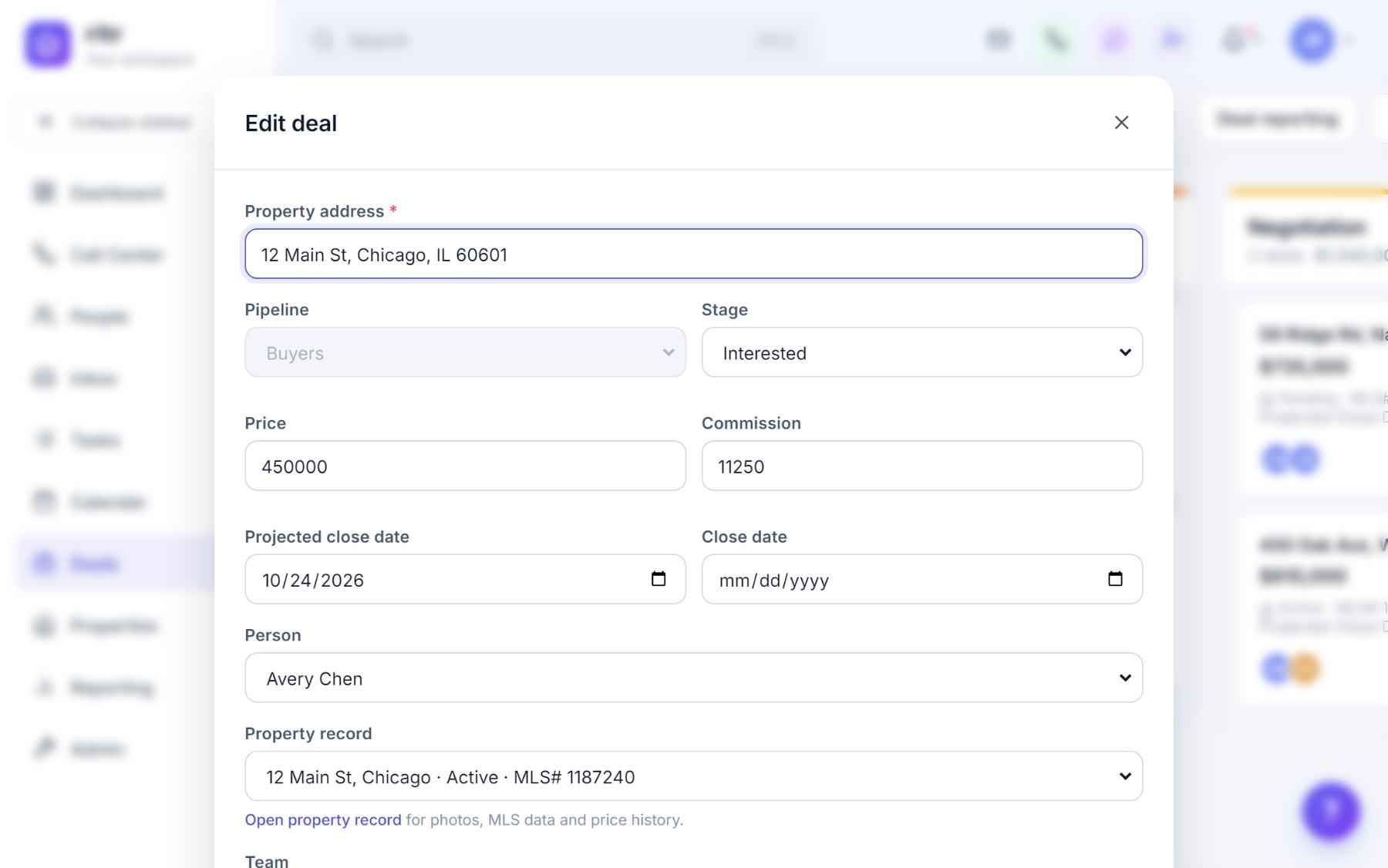 The Edit deal dialog with property address, pipeline, stage, price, commission, projected close date, person and property record.