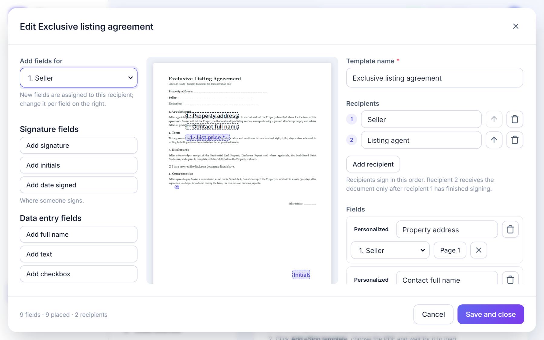 The eSign template editor with field tools on the left, the PDF in the middle with placed fields, and template name, recipients and field list on the right.