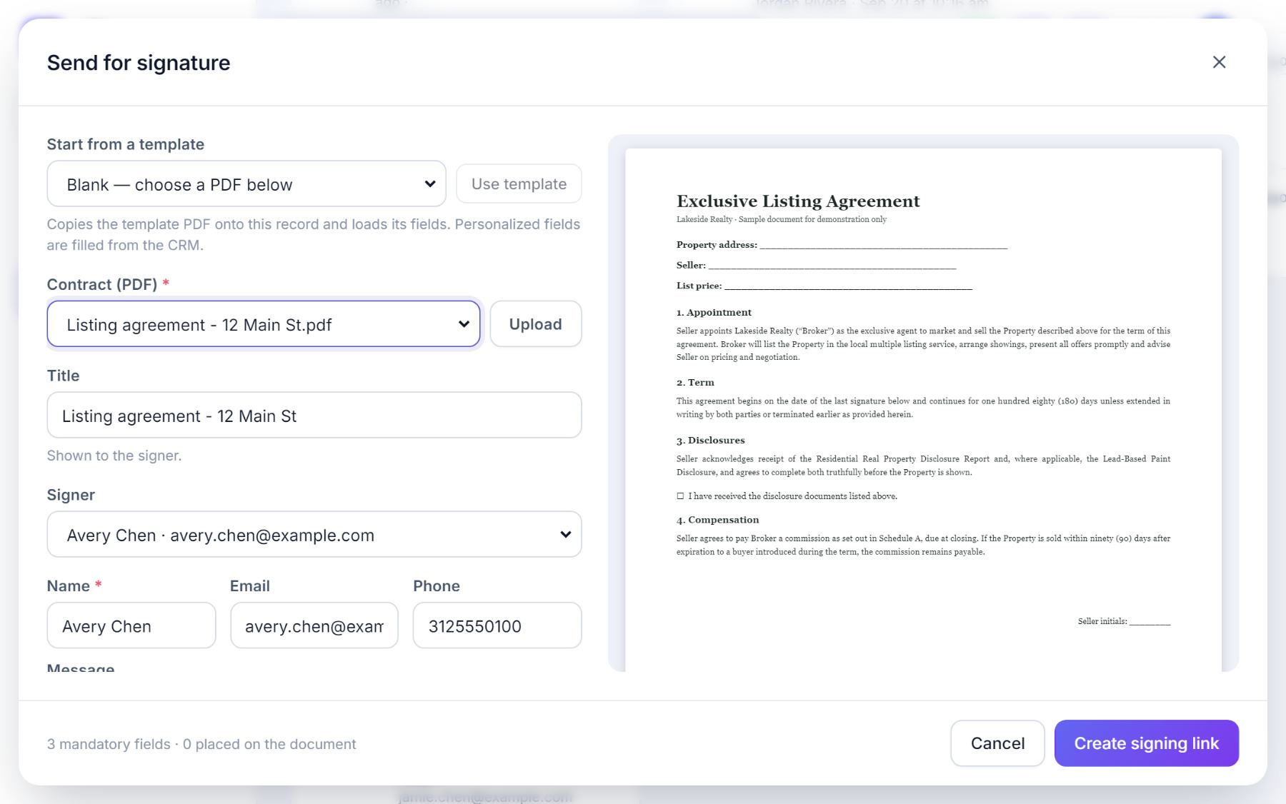 The Send for signature dialog with template selection, contract PDF, title, signer, name, email and phone, next to the document preview.