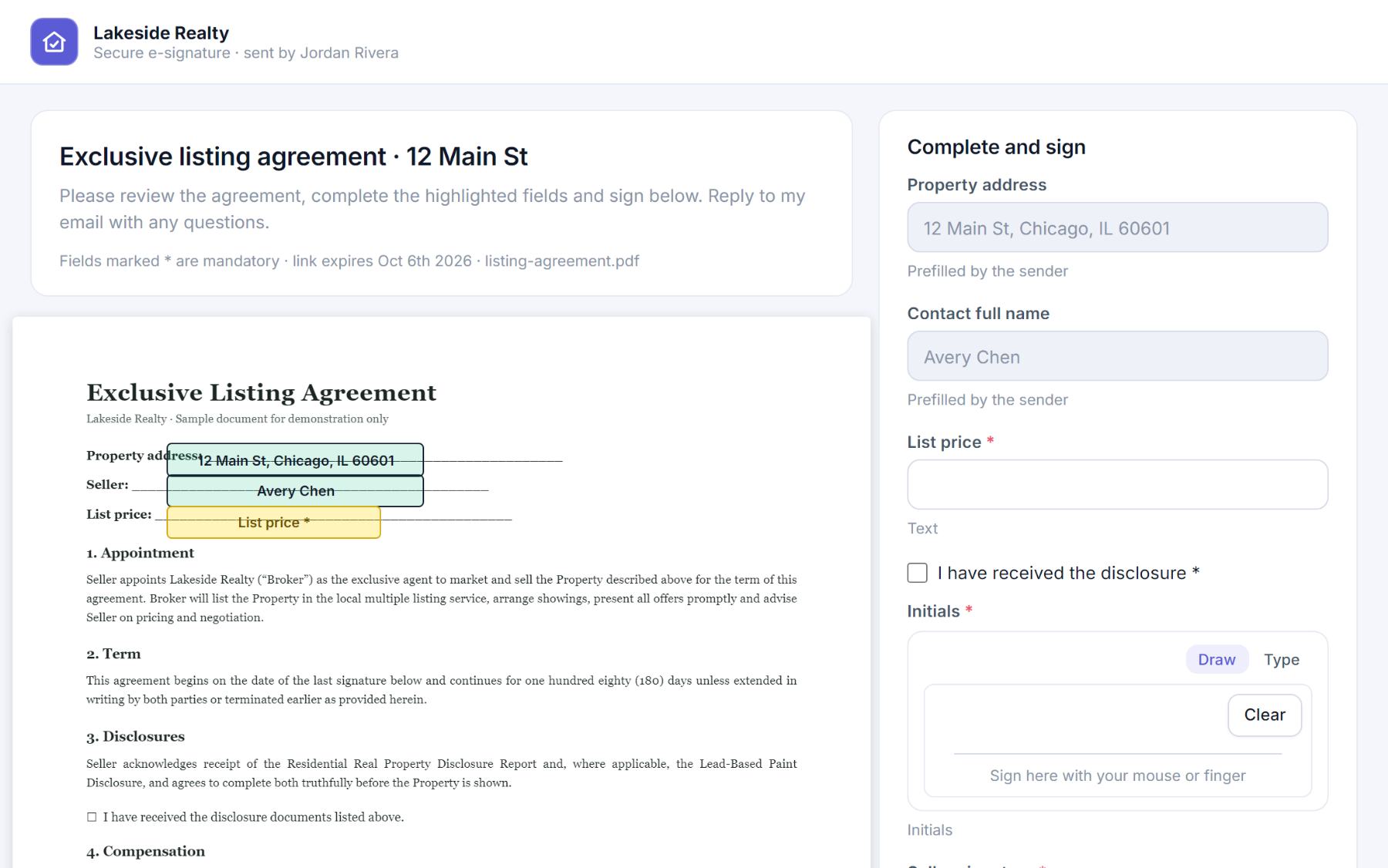 The public signing page showing the agreement title, the PDF with highlighted fields and the Complete and sign panel with prefilled values and a signature pad.