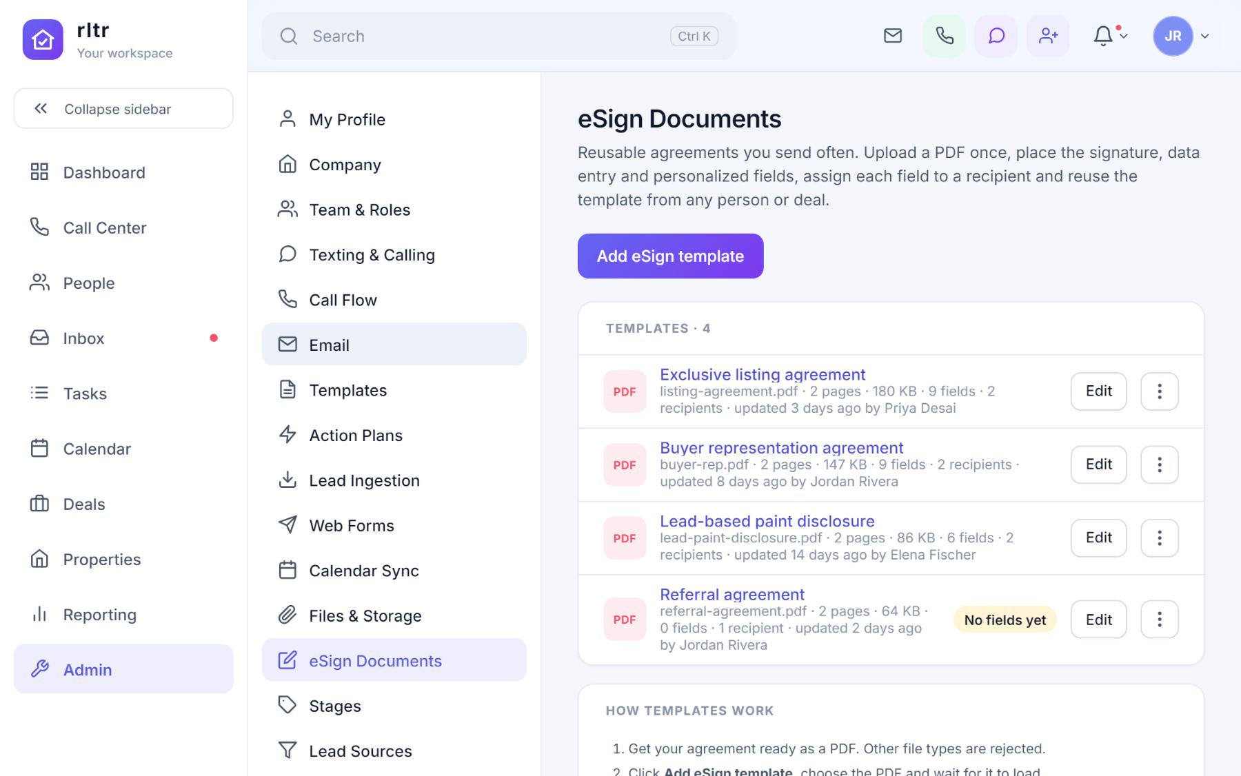 The eSign Documents list with four templates, their page counts, field and recipient counts and last update.