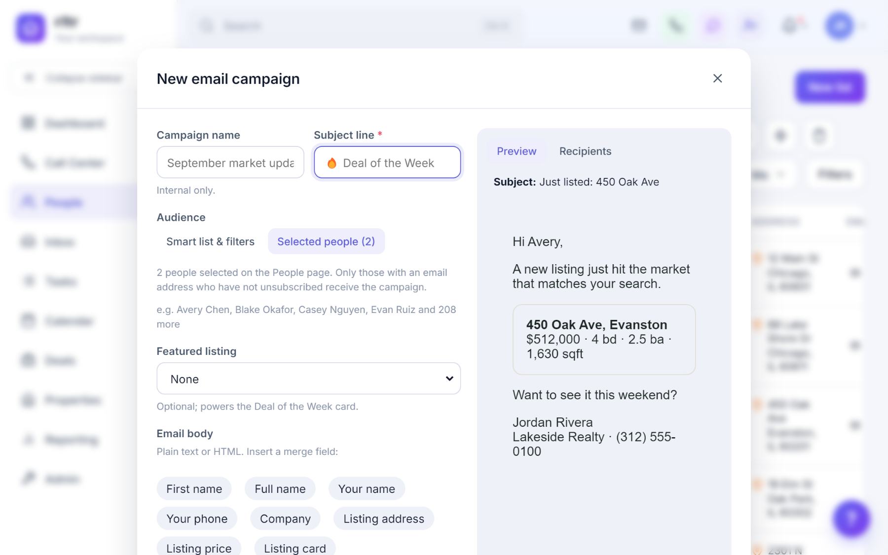 A campaign dialog featuring a listing with its address, price and details in the preview.