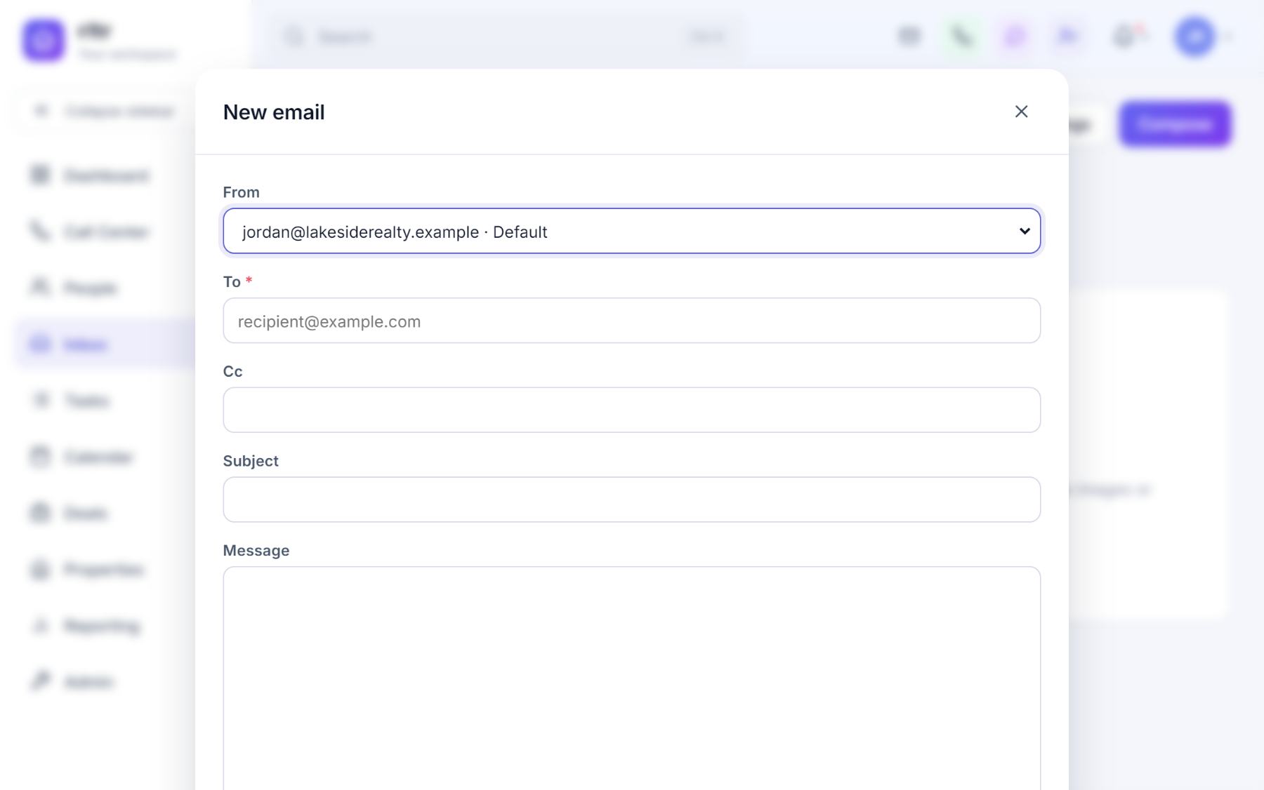 The New email composer with From, To, Cc, Subject and Message fields.