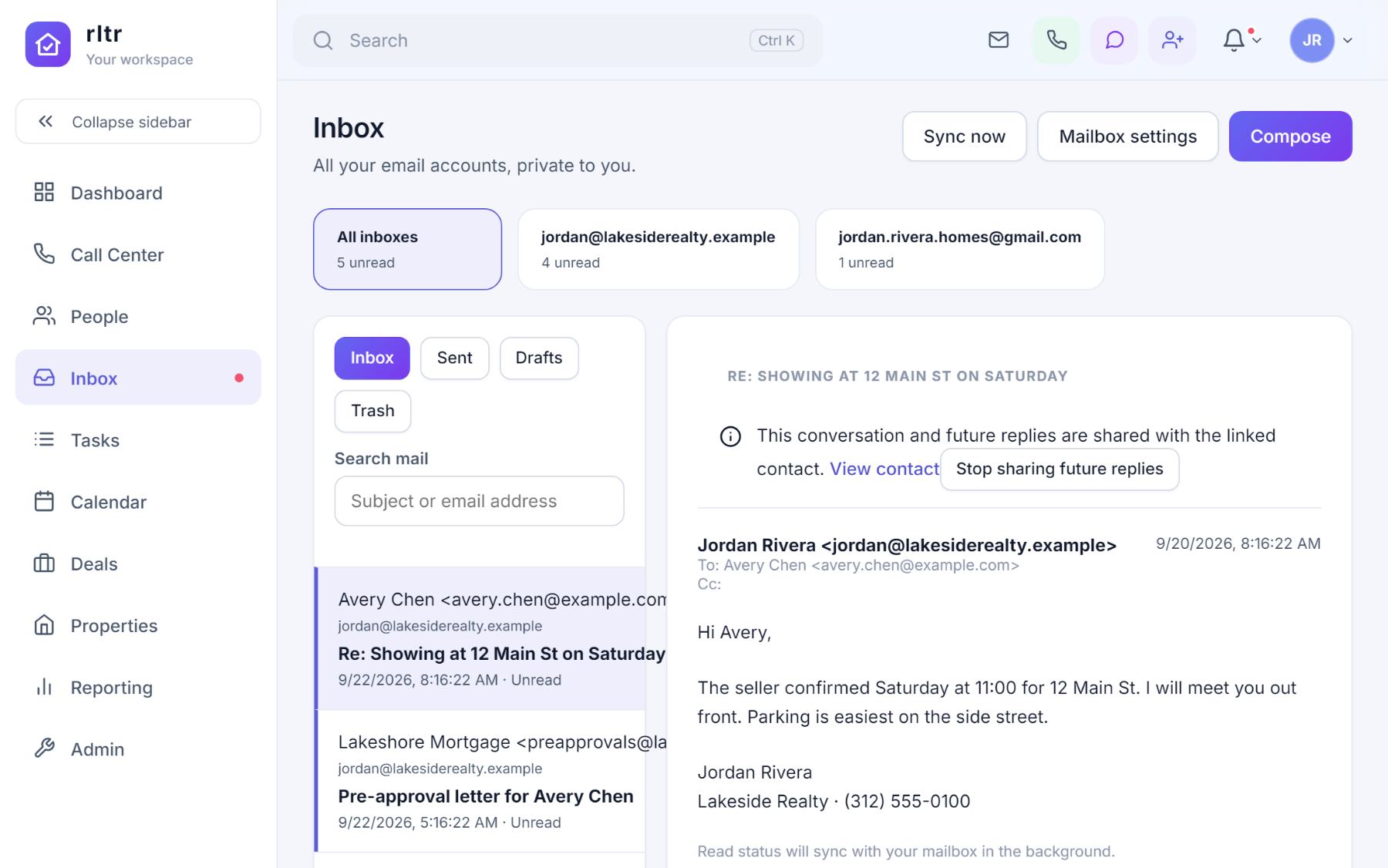 The Inbox with two connected accounts, folder buttons, a message list and an open thread that is shared with a linked contact.