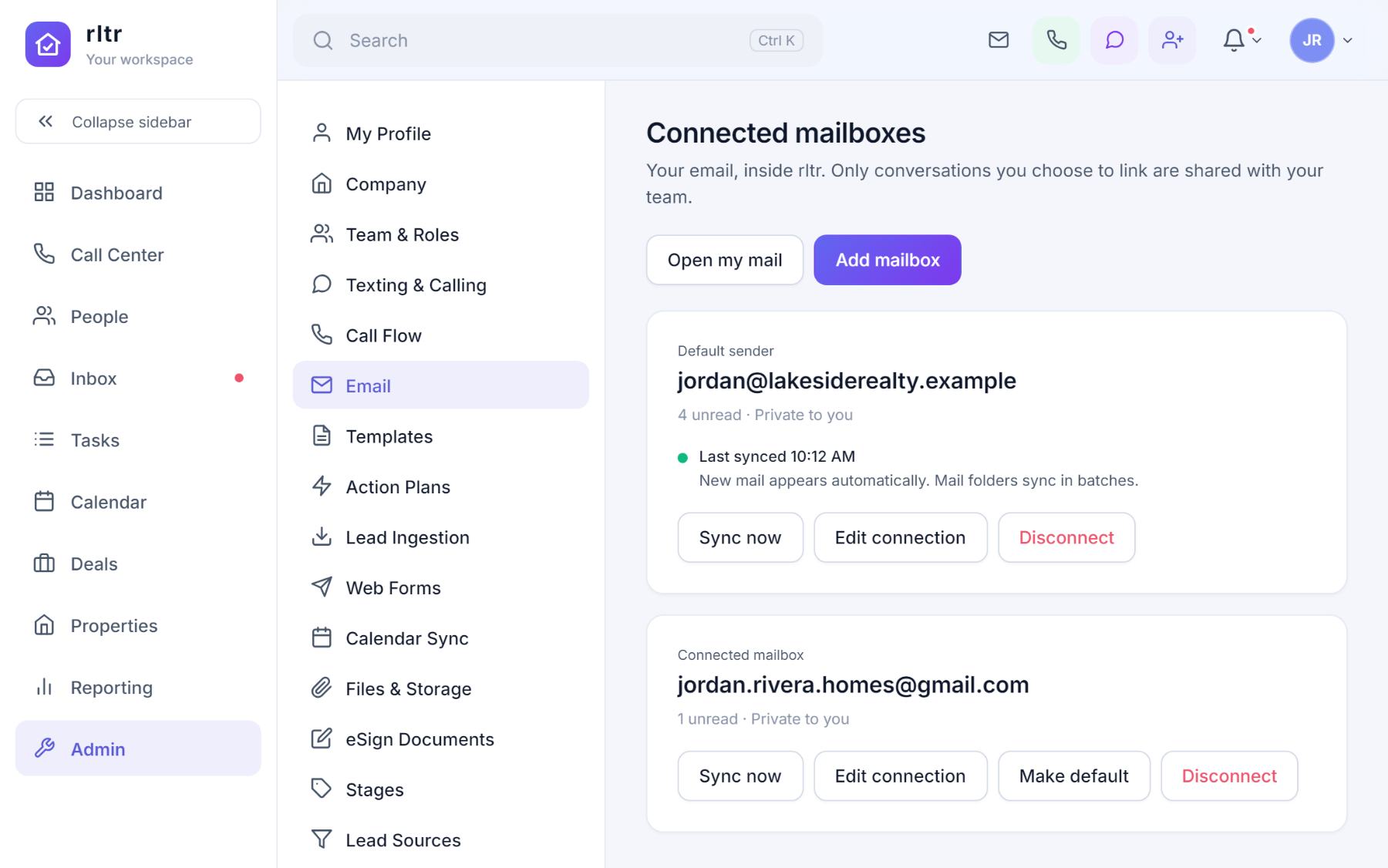 Connected mailboxes in Admin with two accounts, sync status, and Sync now, Edit connection, Make default and Disconnect actions.