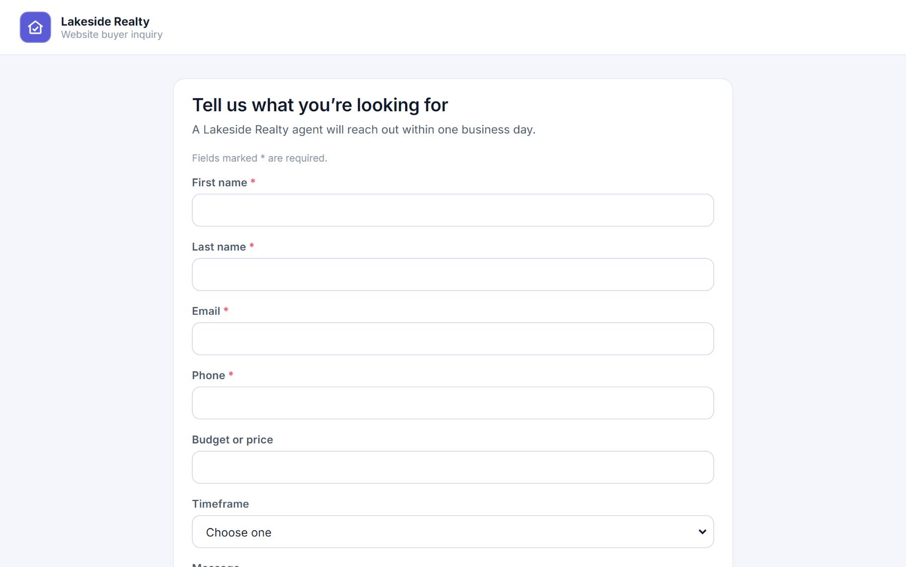 A public web form titled Tell us what you are looking for, with first name, last name, email, phone, budget and timeframe fields.