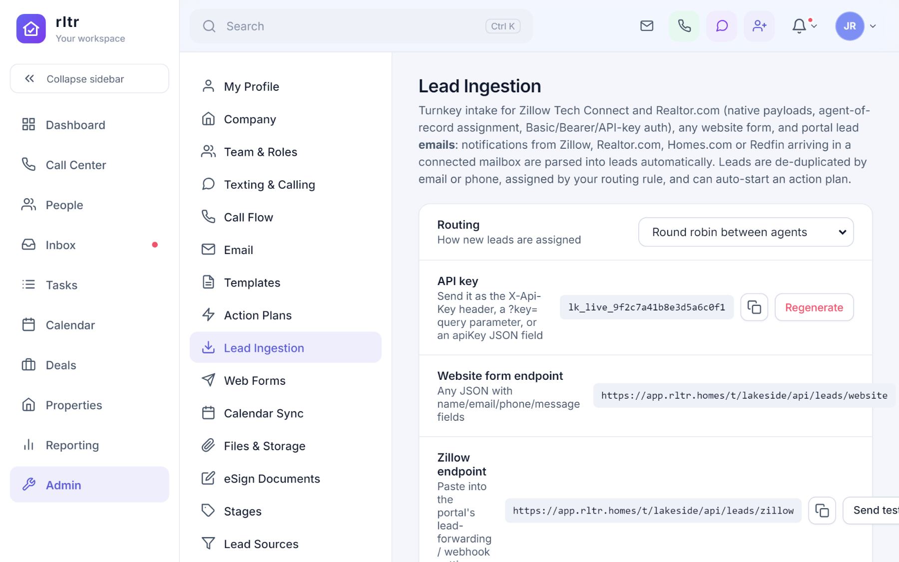 The Lead Ingestion page with the routing rule, API key and the website, Zillow and Realtor.com endpoints, each with a Send test lead button.