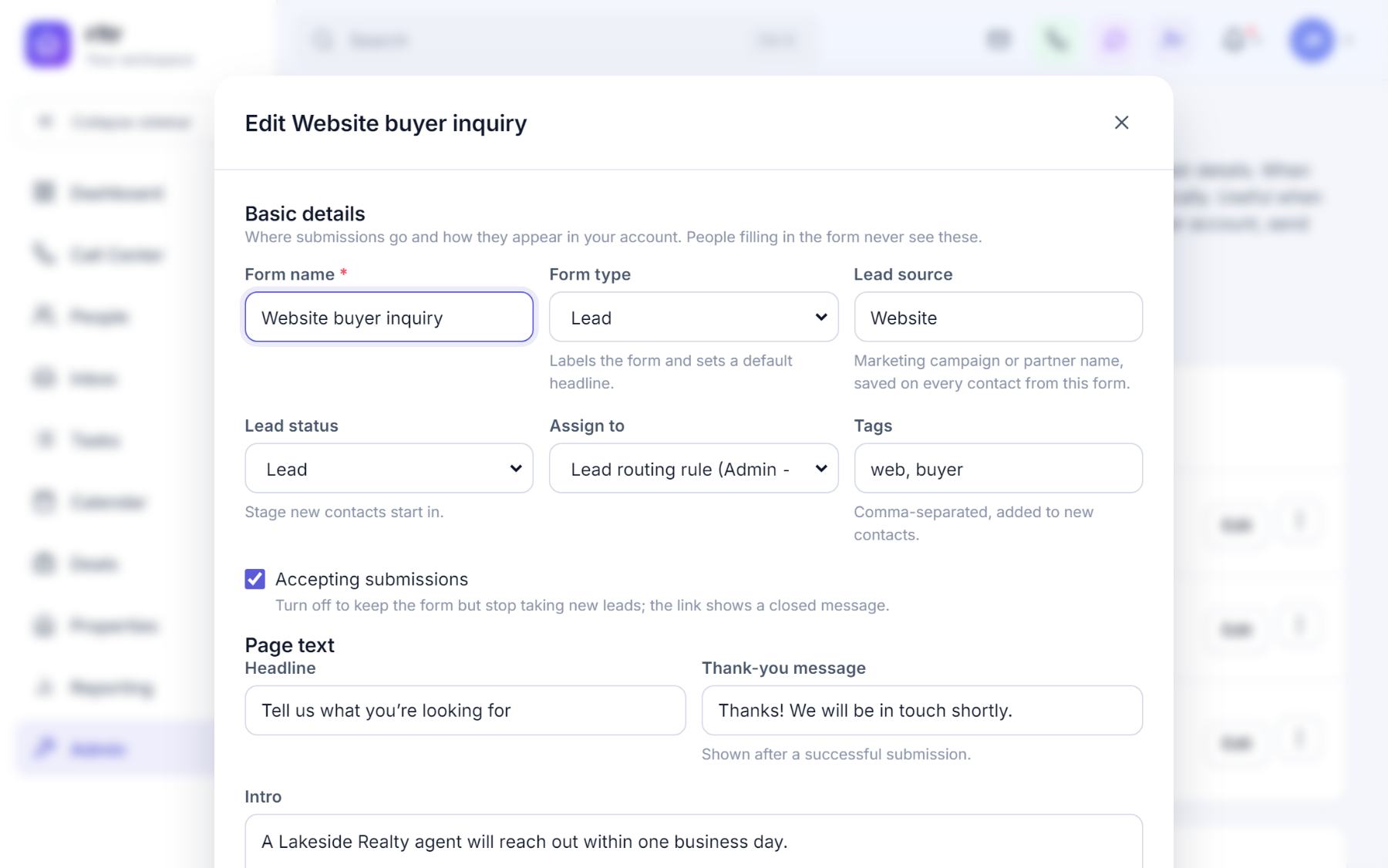 The web form editor: form name, type, lead source, status, assignment, tags, the accepting-submissions switch and page text.