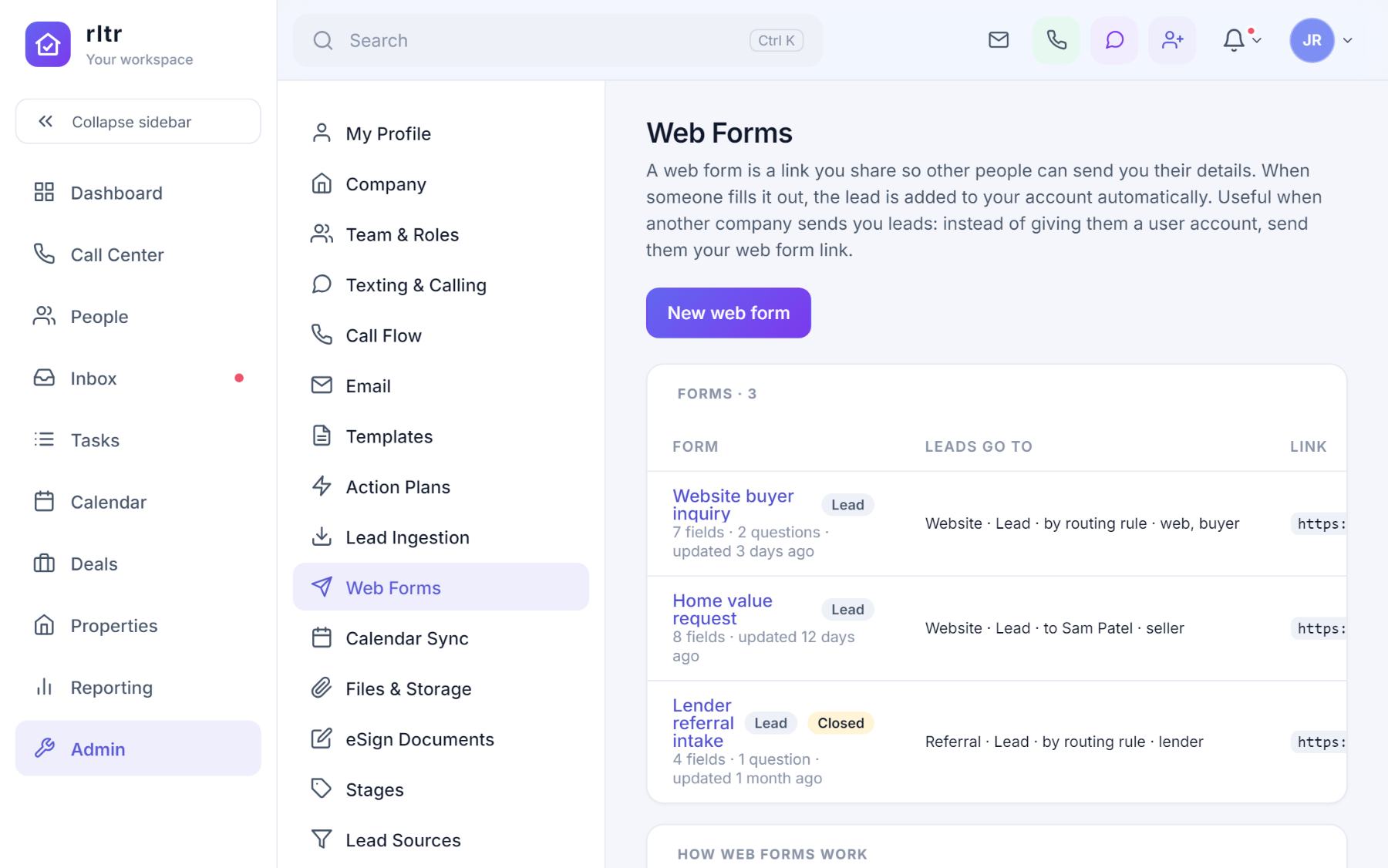 The Web Forms admin page listing three forms with their type, routing, link and submission counts.