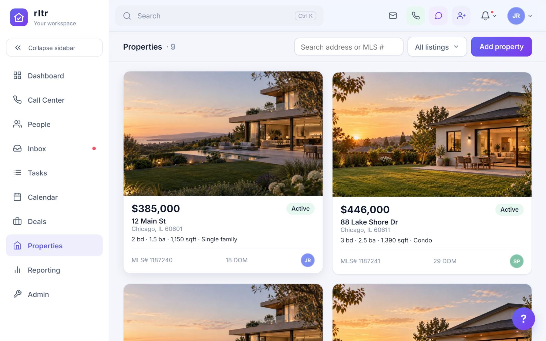 The Properties grid with photo cards showing price, status, address, beds, baths, square feet, MLS number and days on market.