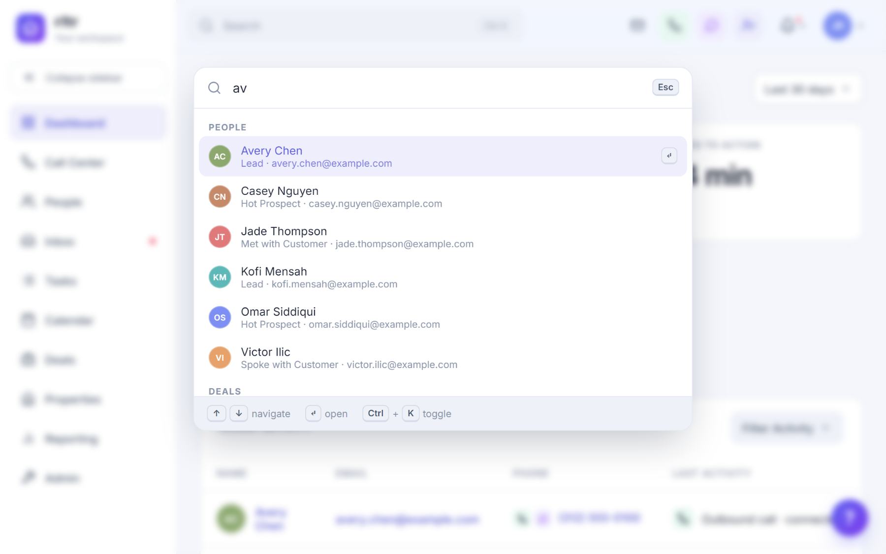 The command palette open over the dashboard, listing matching people after typing two letters.