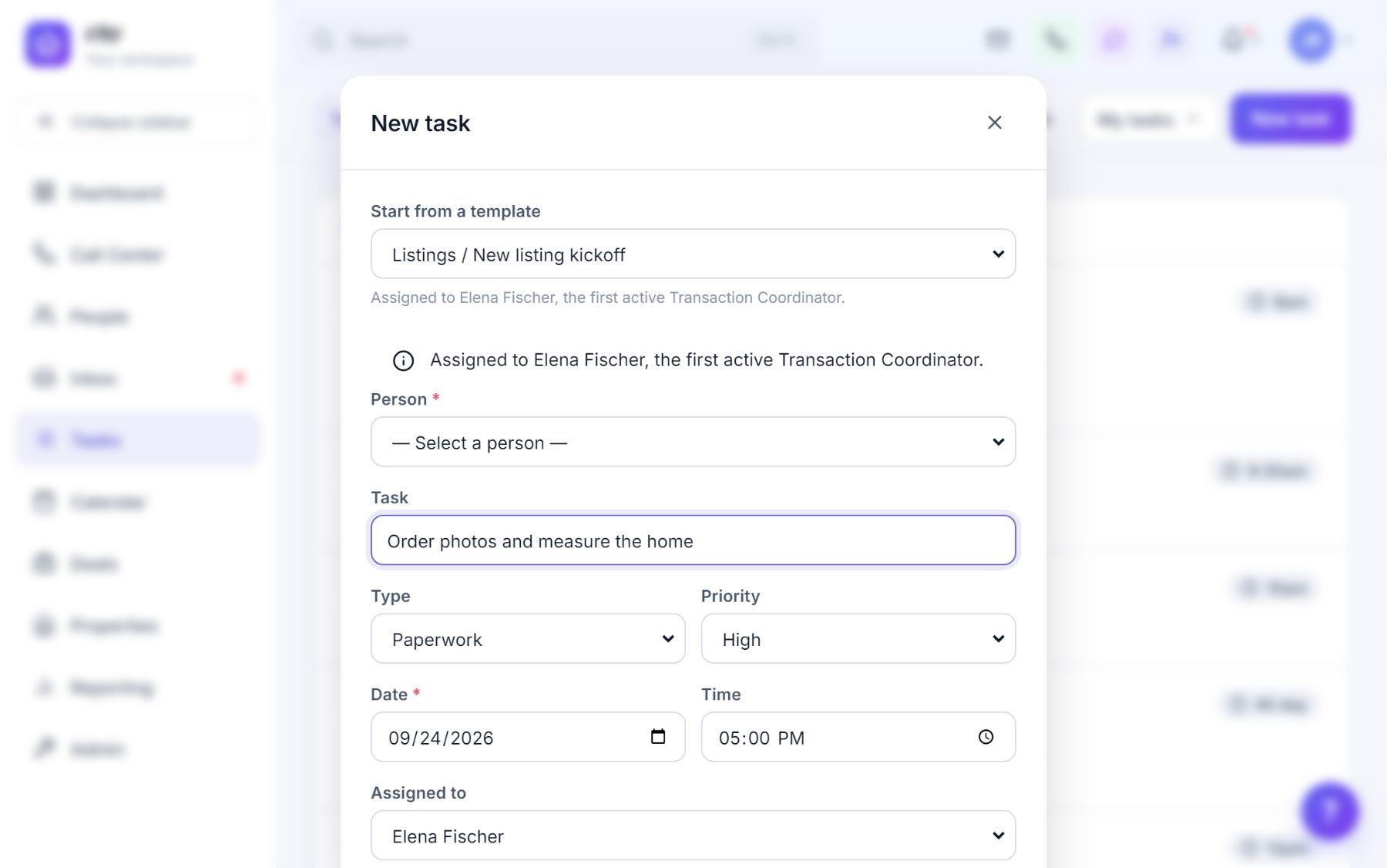 The New task dialog with a template selected, the task name, type, priority, date, time and assignee filled in.