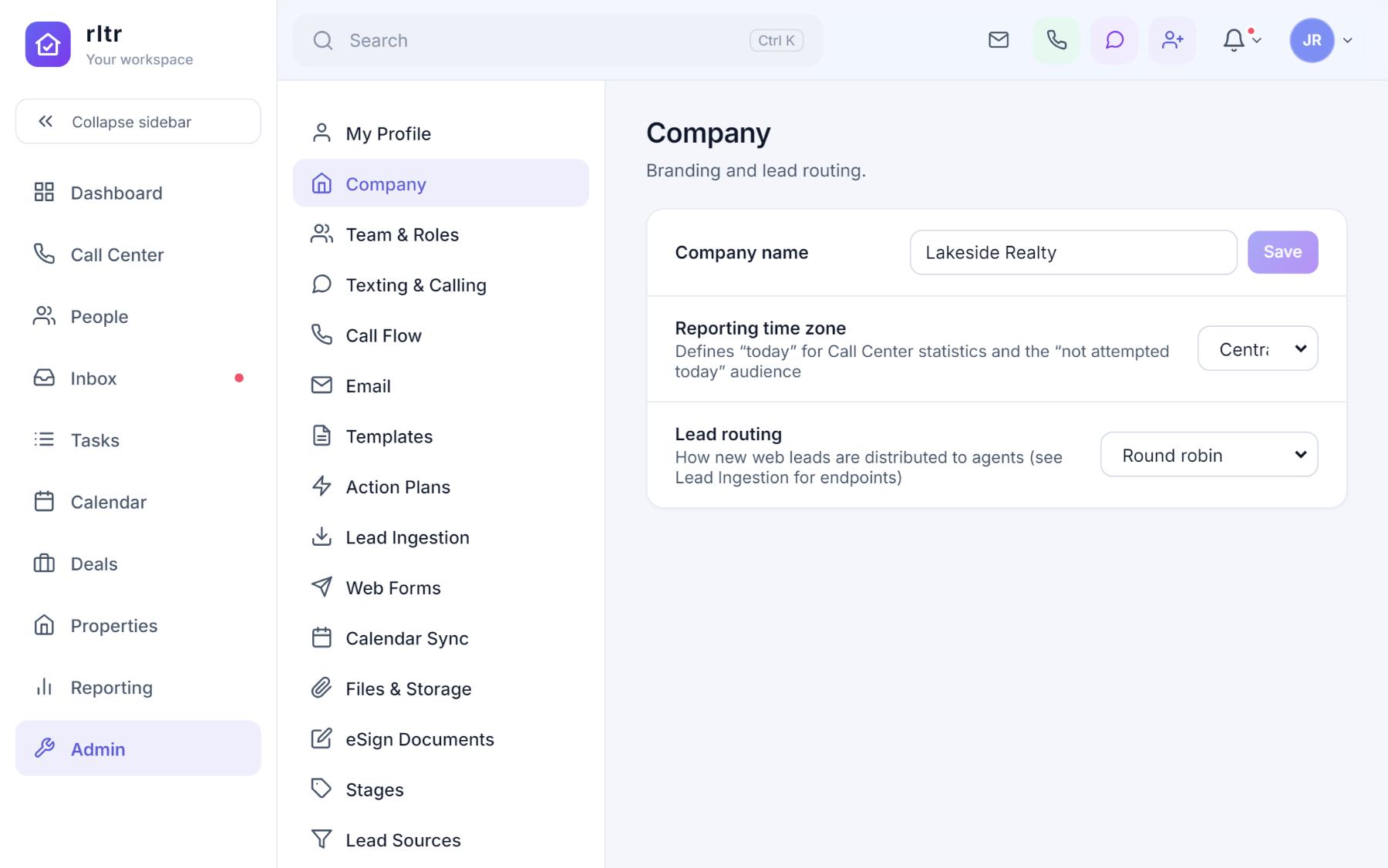 The Company settings page with company name, reporting time zone and lead routing.
