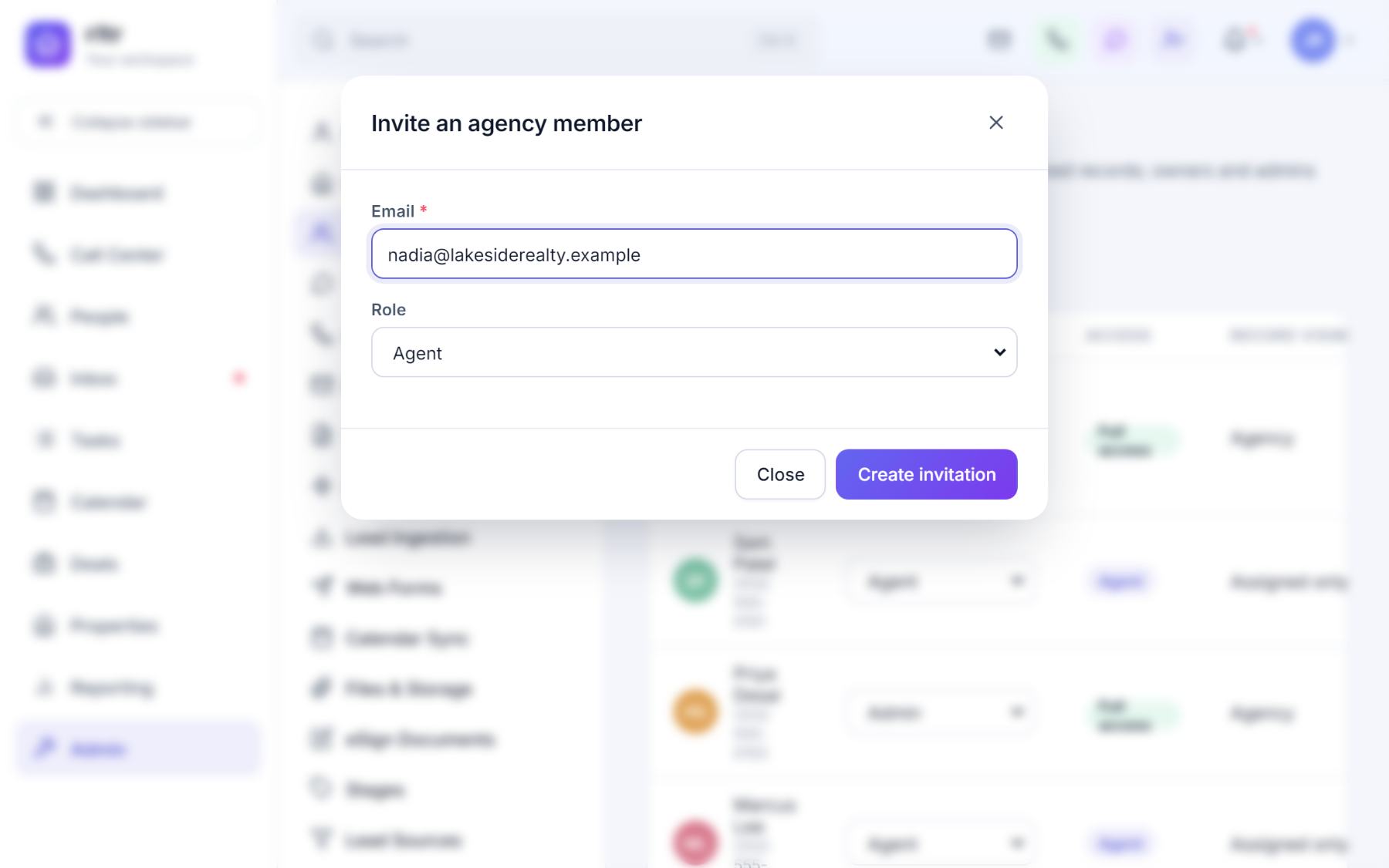 The Invite an agency member dialog with an email address entered and the role set to Agent.