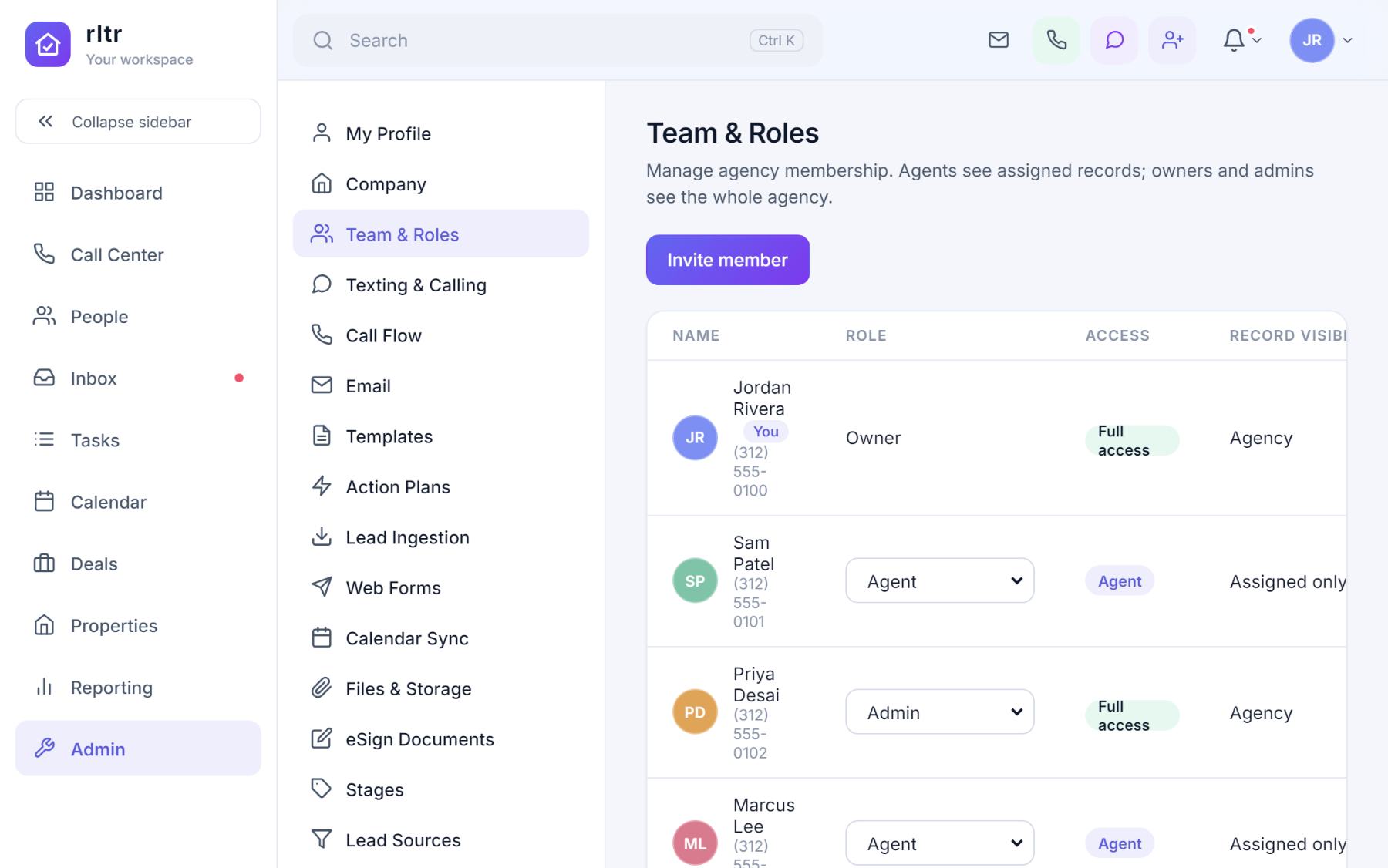 Team & Roles in Admin: the member table with name, role, access level and record visibility, and the Invite member button.
