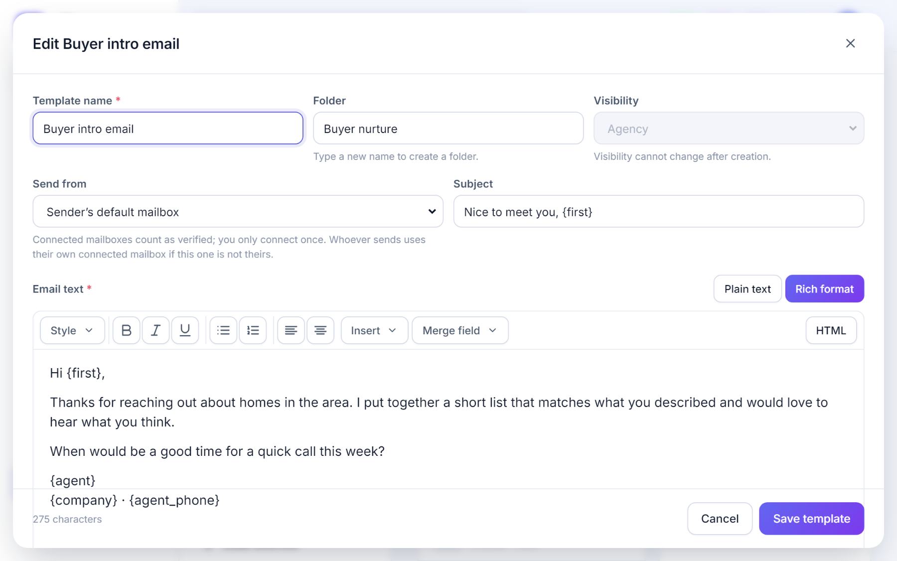 The email template editor in rich format with folder, visibility, send-from mailbox, subject and a formatted body with merge fields.