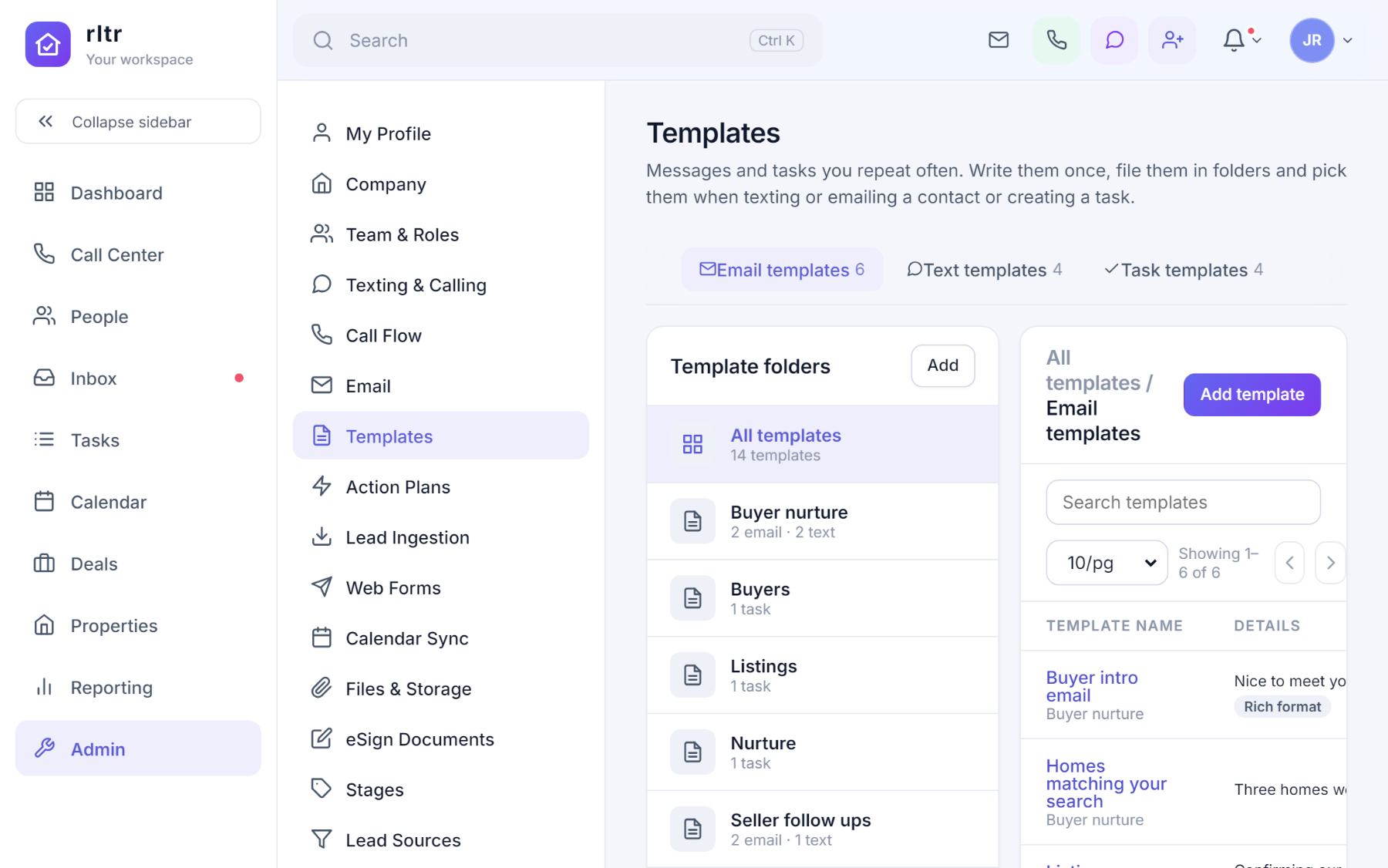The Templates admin page with Email, Text and Task template tabs, a folder list on the left and the email template table.