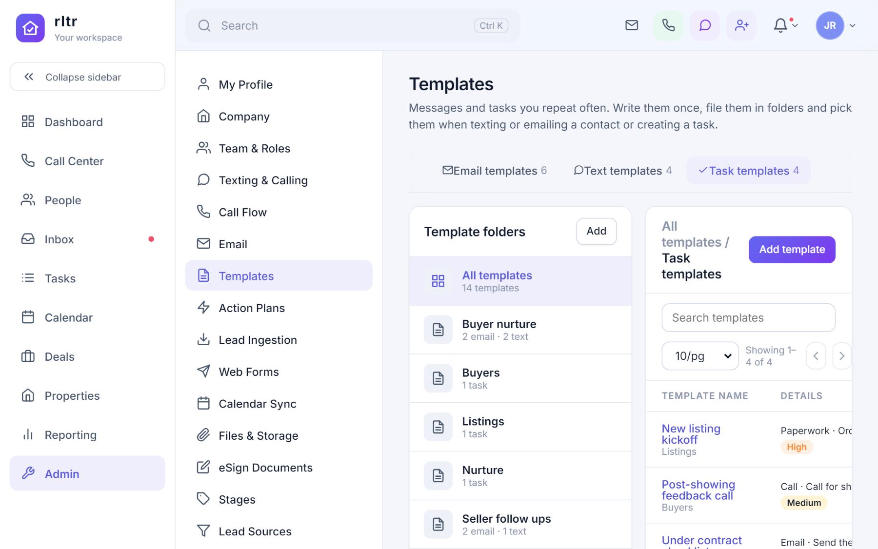 The Task templates tab listing templates with type, task name, assignee, due preset and checklist counts.