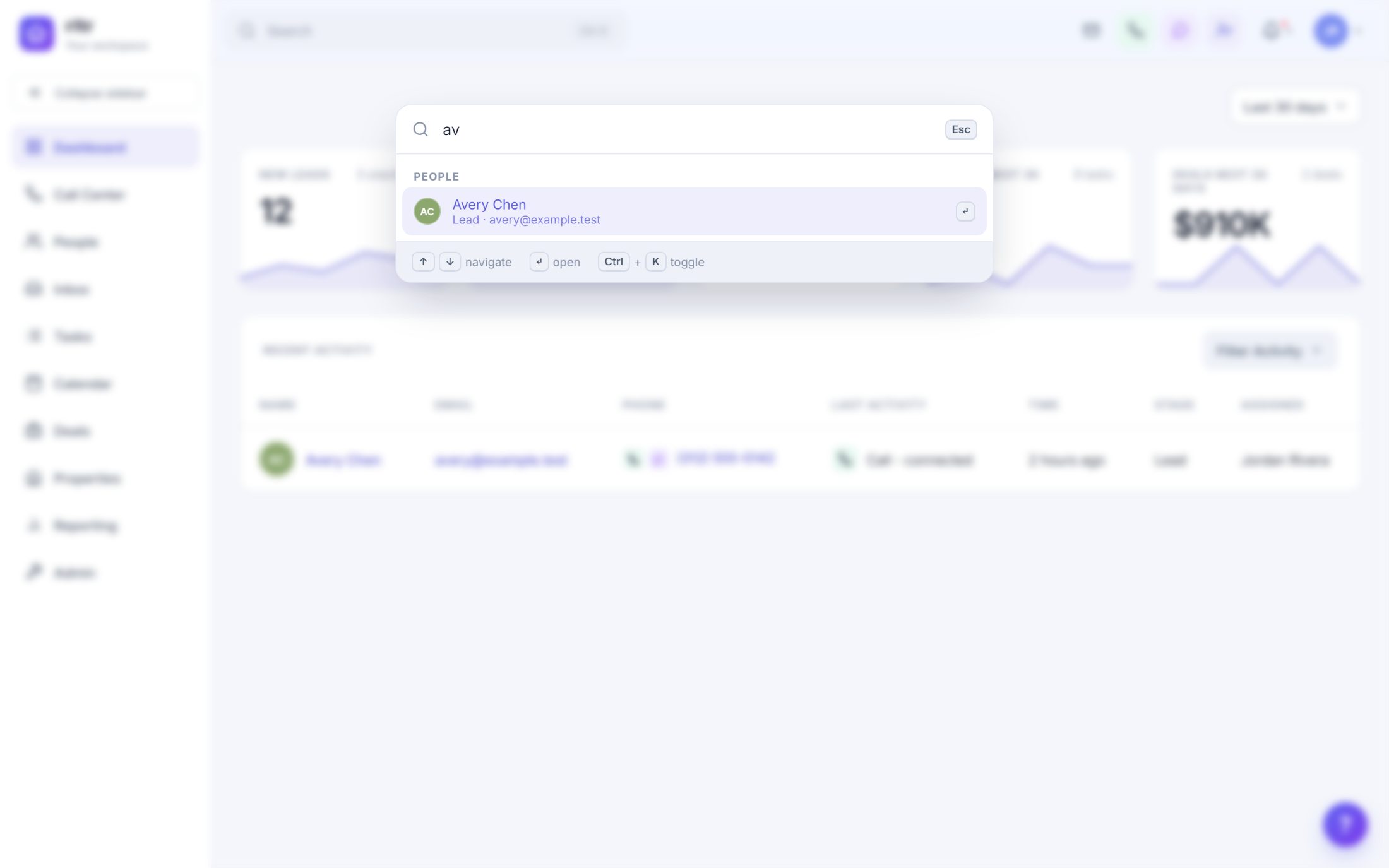 The command palette open over the dashboard, finding a contact after typing two letters.