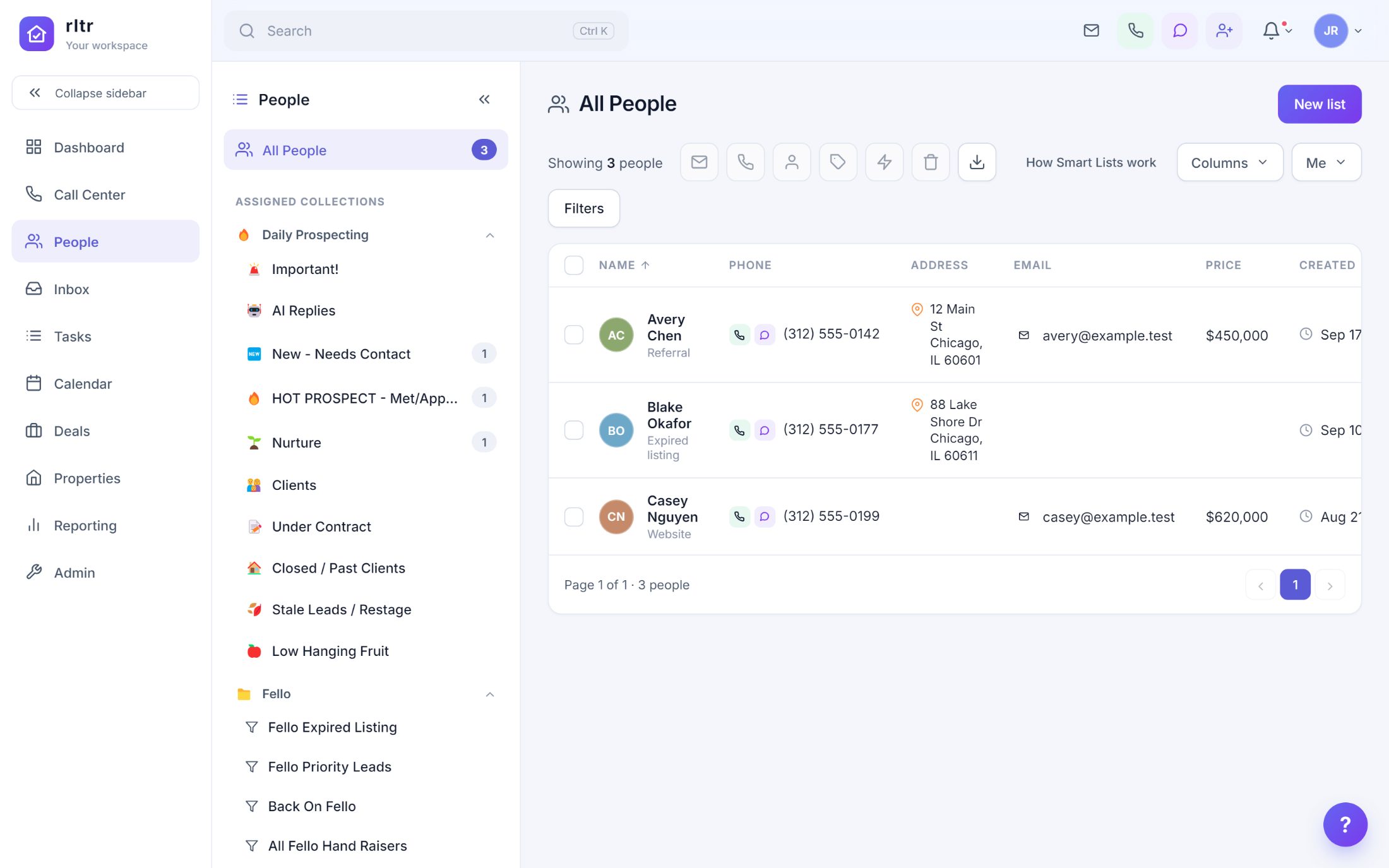 The People screen with smart lists on the left and a contact table with phone, address, email, price and created date.