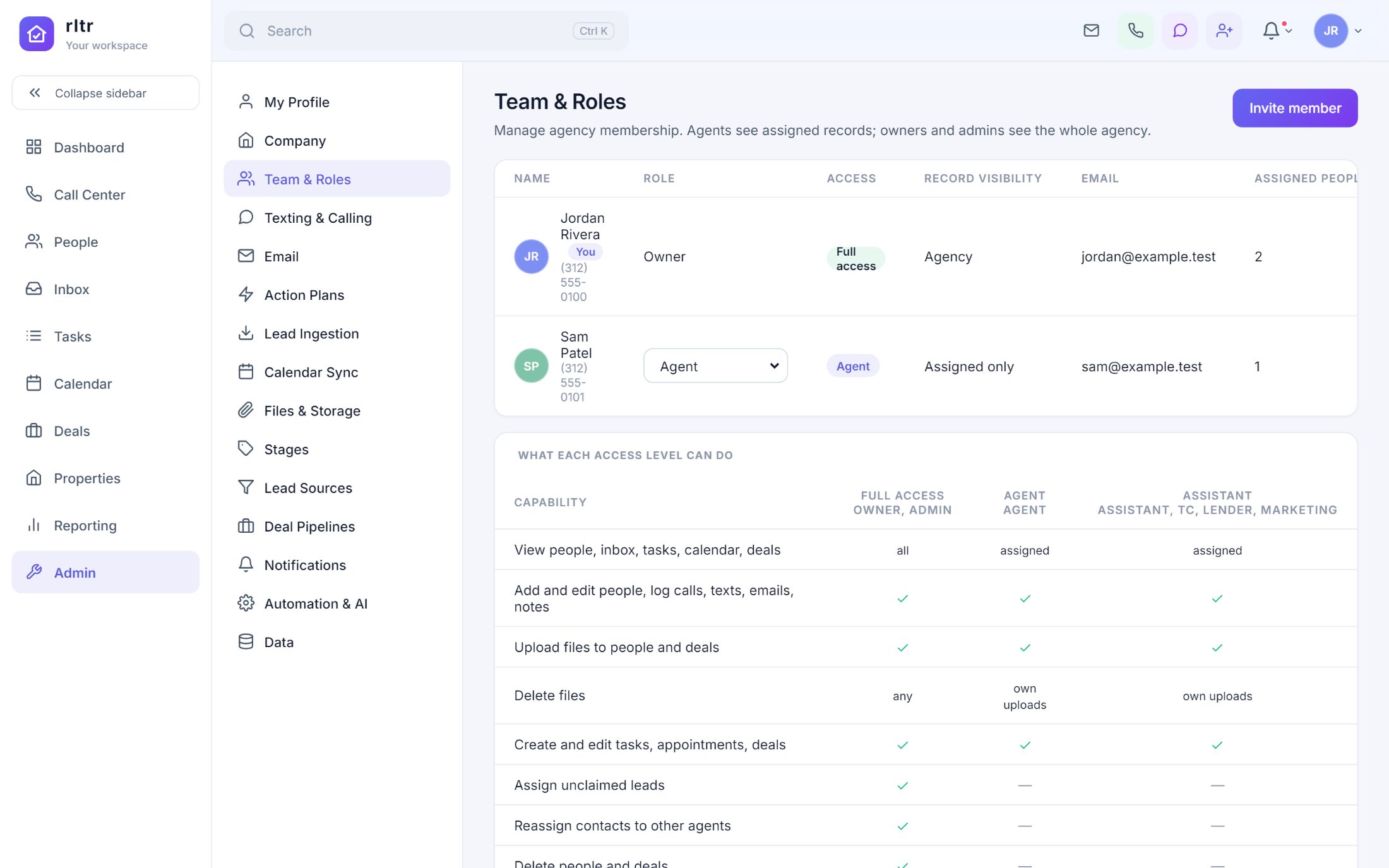 Team and roles in Admin, listing members with role, access level and record visibility, plus a table of what each access level can do.